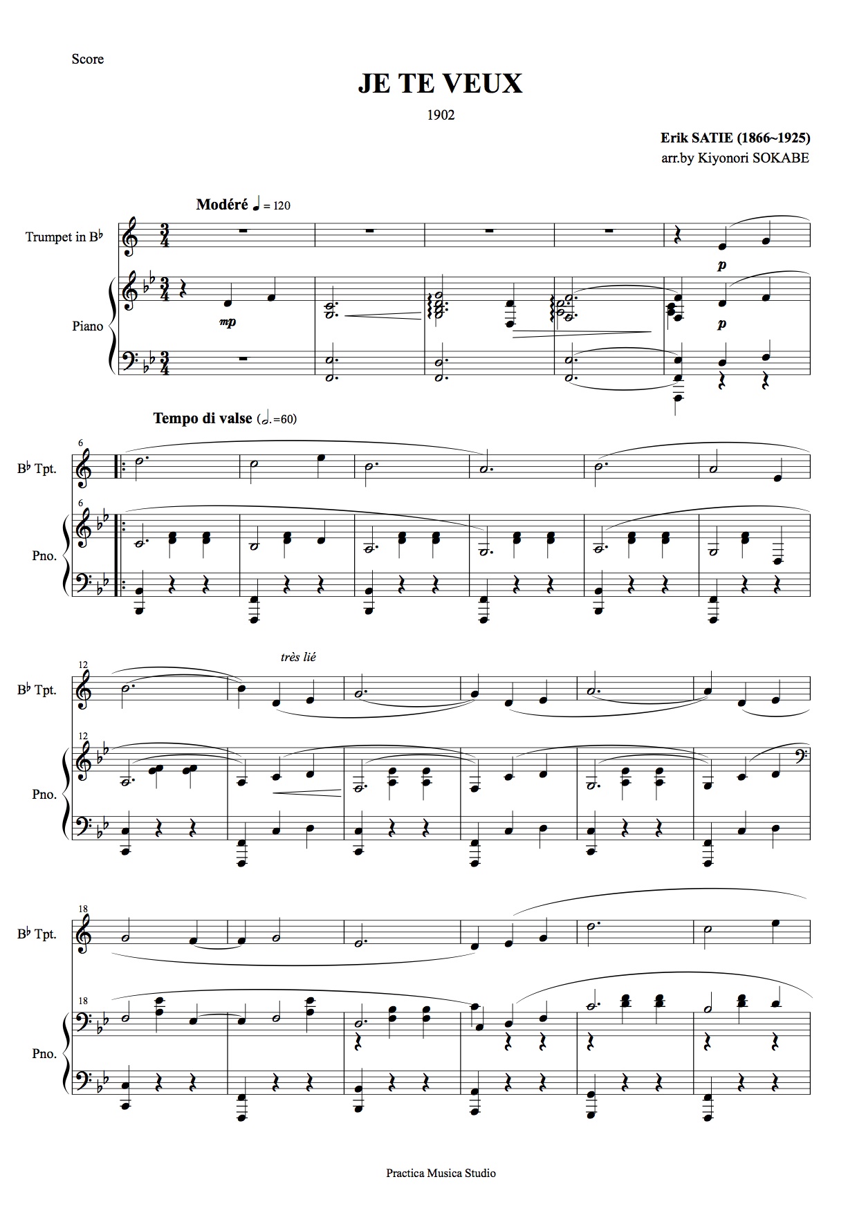 私はあなたが好き（低音域版） (サティ) 鍵盤/管楽トランペットとピアノのための二重奏 現代日本の音楽の楽譜